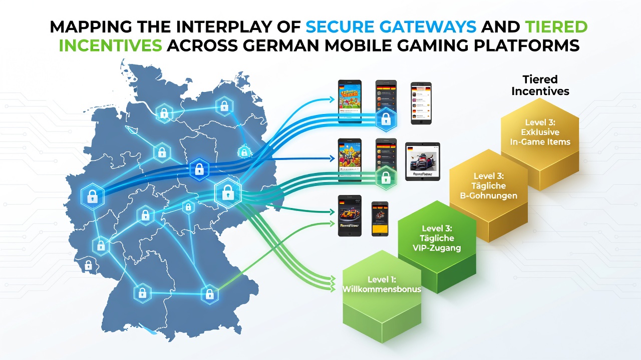 Illustration der Integration von sicheren Zahlungsgateways mit gestaffelten Anreizsystemen in mobilen Gaming-Apps
